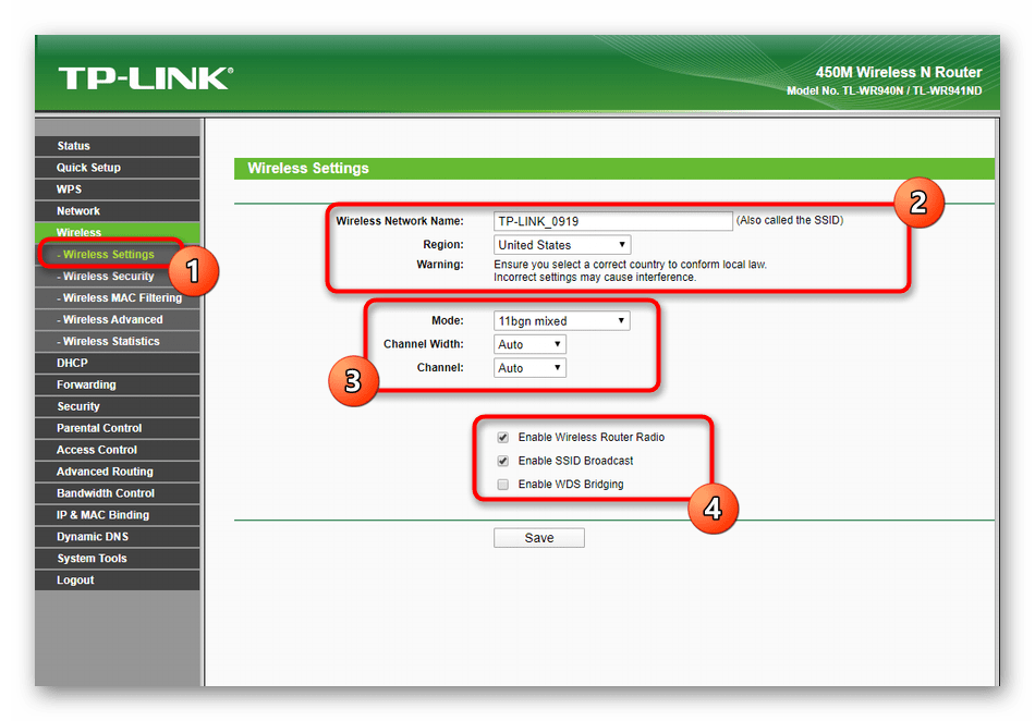 Выбор общих настроек беспроводной сети при ручной настройке роутера TP-Link TL-WR940N