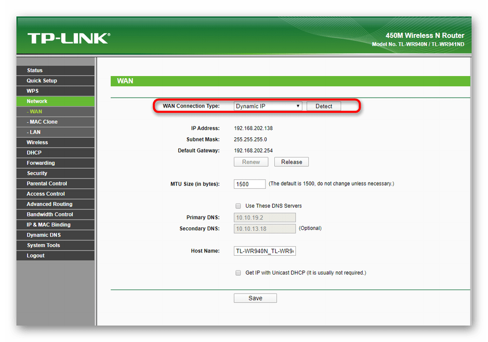 Выбор типа подключения с провайдером в режиме ручной настройки TP-Link TL-WR940N