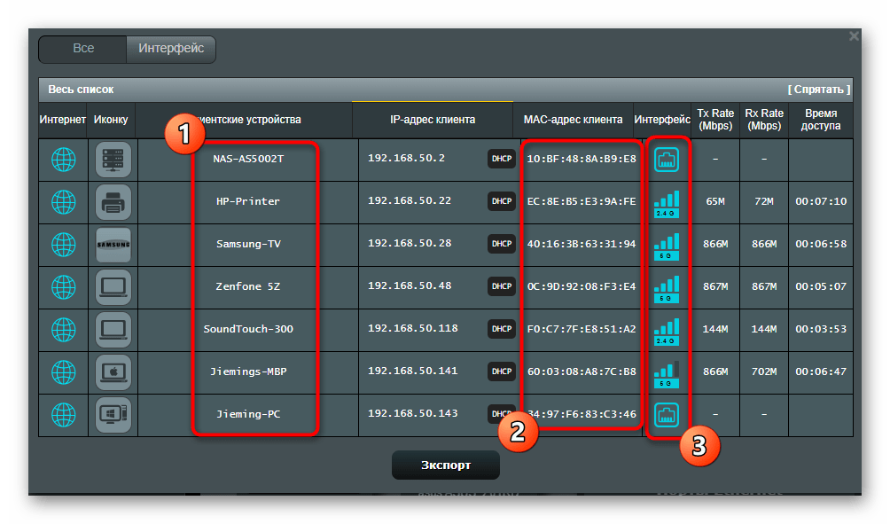 Просмотр списка клиентов беспроводной сети в настройках роутера ASUS