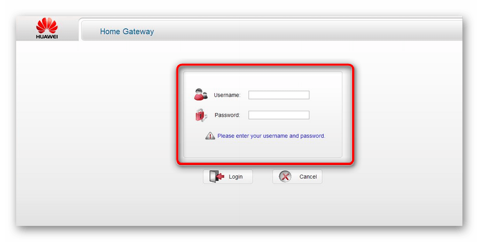 Ввод авторизационных данных для входа в настройки маршрутизатора Huawei