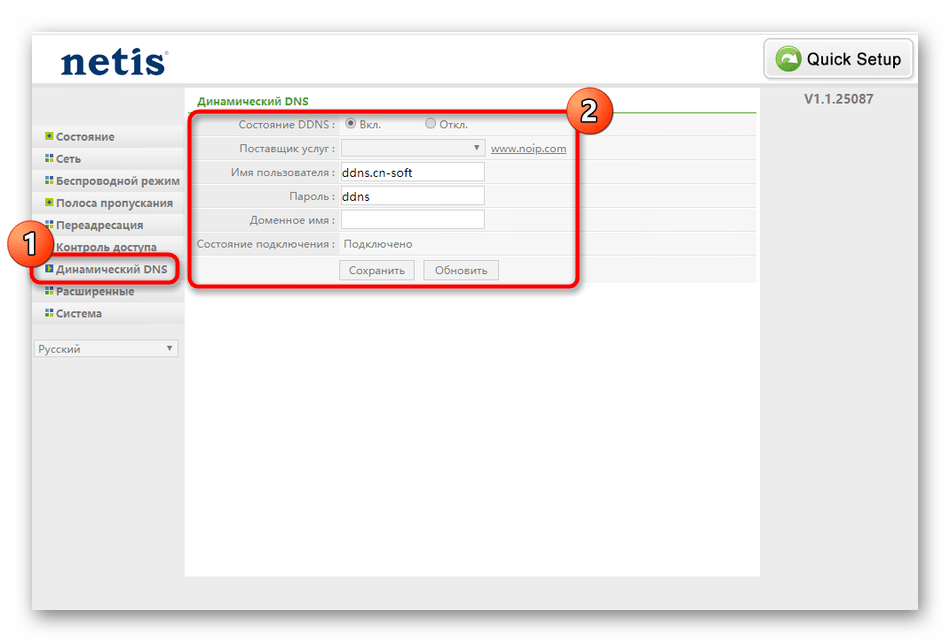 Настройка динамического DNS в ручном режиме конфигурирования роутера Netis WF2411E