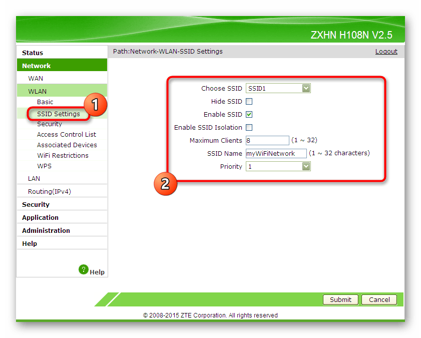 Настройка имени беспроводной сети через веб-интерфейс роутера ZTE