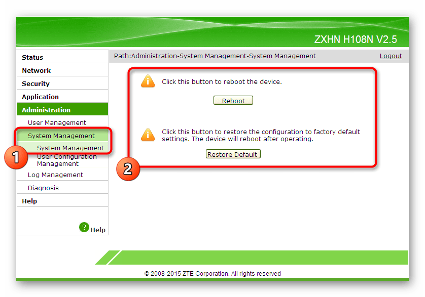 Перезагрузка роутера ZTE и сброс до заводских настроек в веб-интерфейсе ZTE