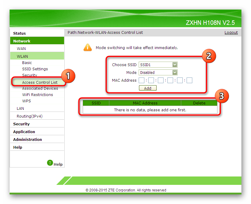 Настройка ограничений доступа к беспроводной сети через веб-интерфейс роутера ZTE