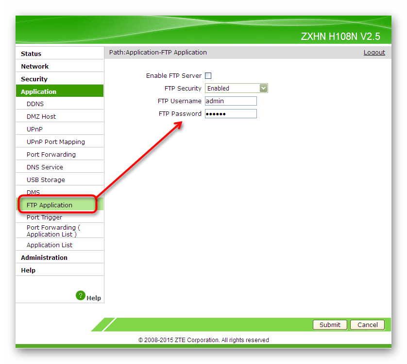 Подключение FTP-сервера в веб-интерфейсе роутера ZTE