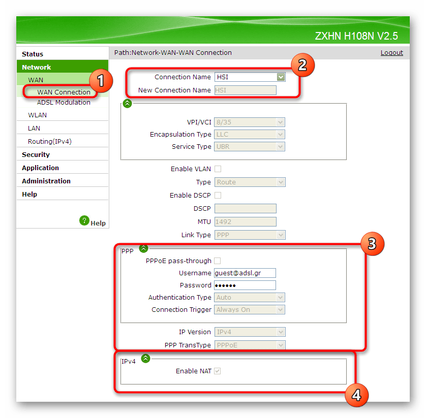 Выбор настроек для подключения по проводу в веб-интерфейсе роутера ZTE