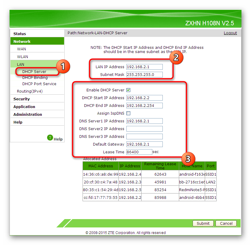 Настройка параметров локальной сети при конфигурации роутера ZTE