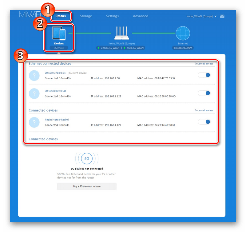 Список подключенных устройств для роутера Xiaomi Mi 3G