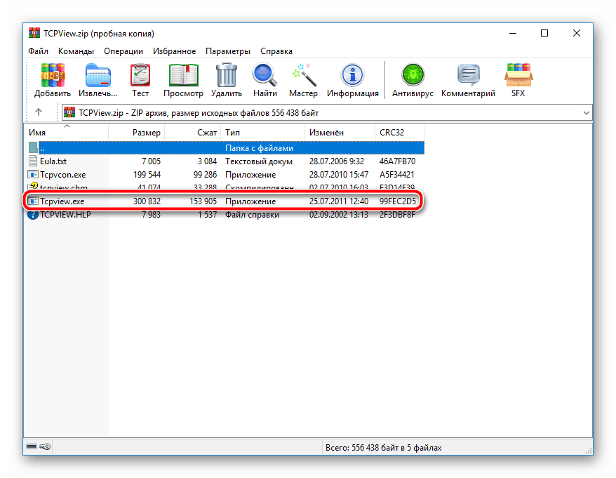 Запустить программу TCPView через архив