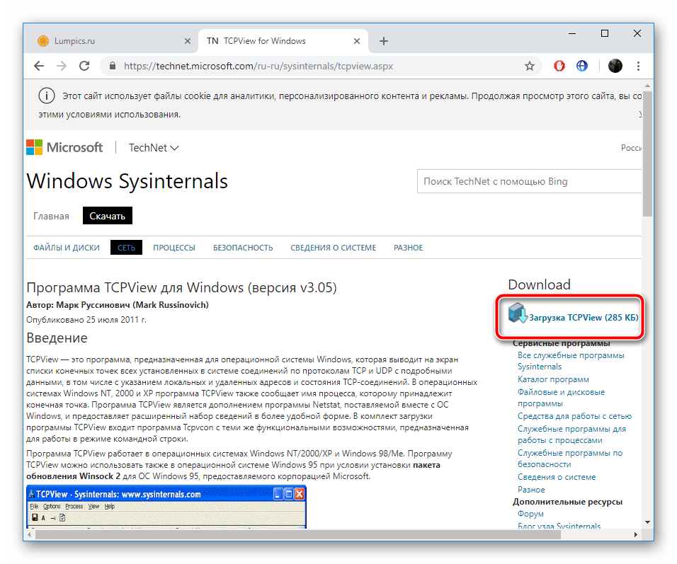 Скачивание программы TCPView с официального источника