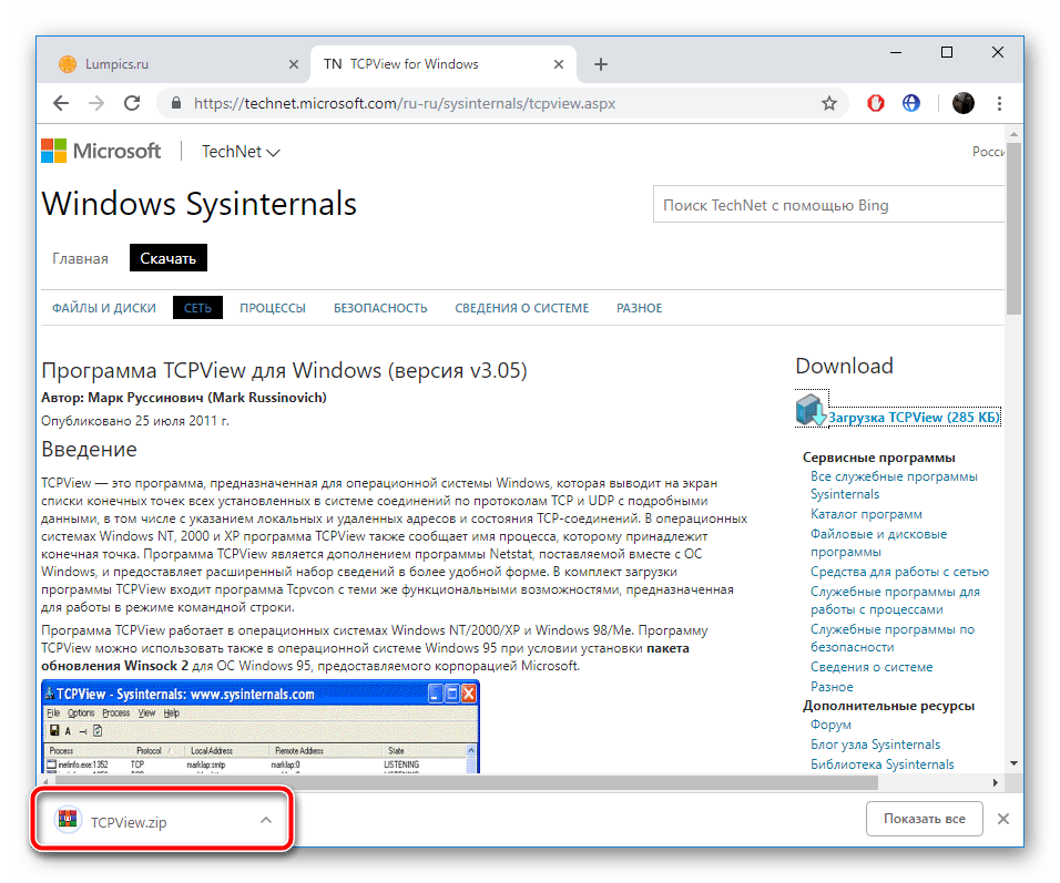 Открыть загруженный архив с программой TCPView