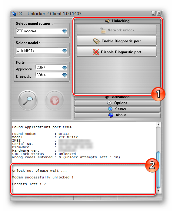 Процесс разблокировки модема в DC Unlocker