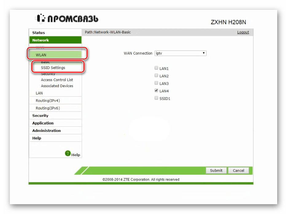 Открытие параметров Wi-Fi для настройки на модеме ZTE ZXHN H208N