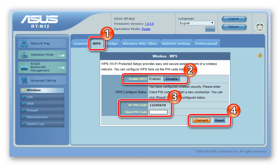 Настройки подключения WPS для беспроводной сети роутера ASUS RT-N12