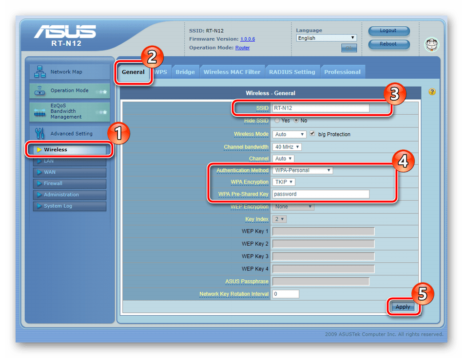 Основные настройки беспроводной сети ASUS RT-N12