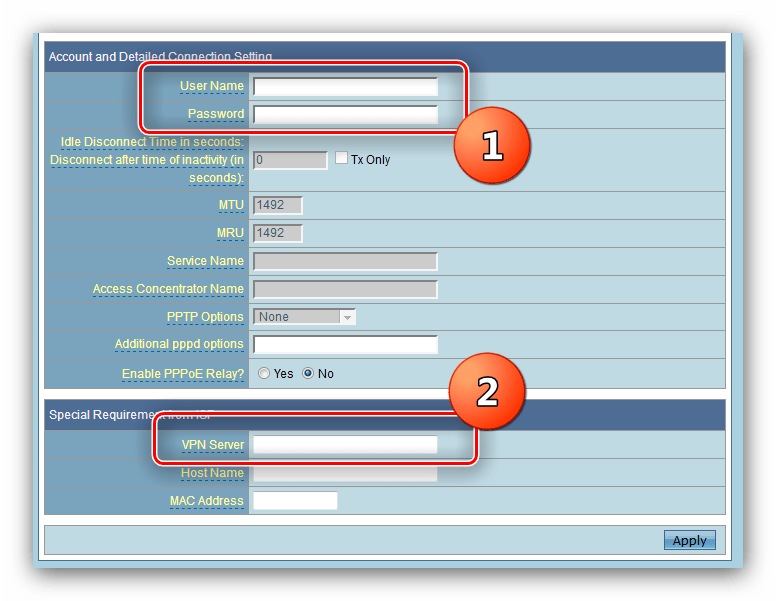 Ввод данных авторизации и сервера подключения L2TP для настройки роутера ASUS RT-G32