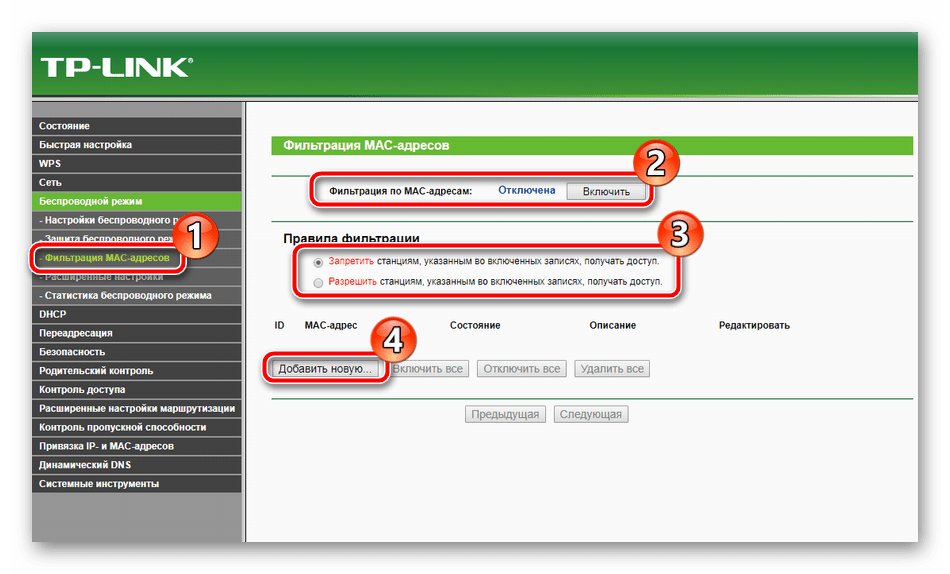 Фильтрация mac-адресов беспроводной сети роутера TP-Link TL-MR3420