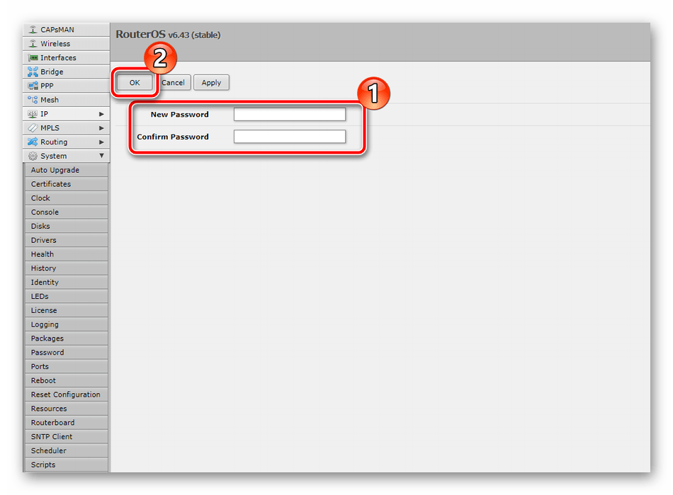 Изменить пароль учетной записи на роутере Mikrotik RB951G-2HnD