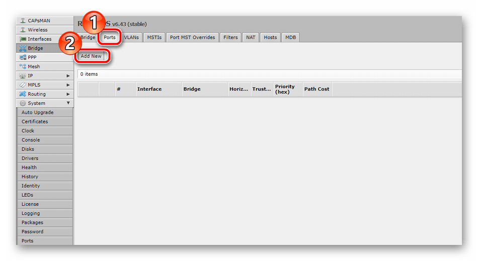 Добавить новый порт для моста роутера Mikrotik RB951G-2HnD