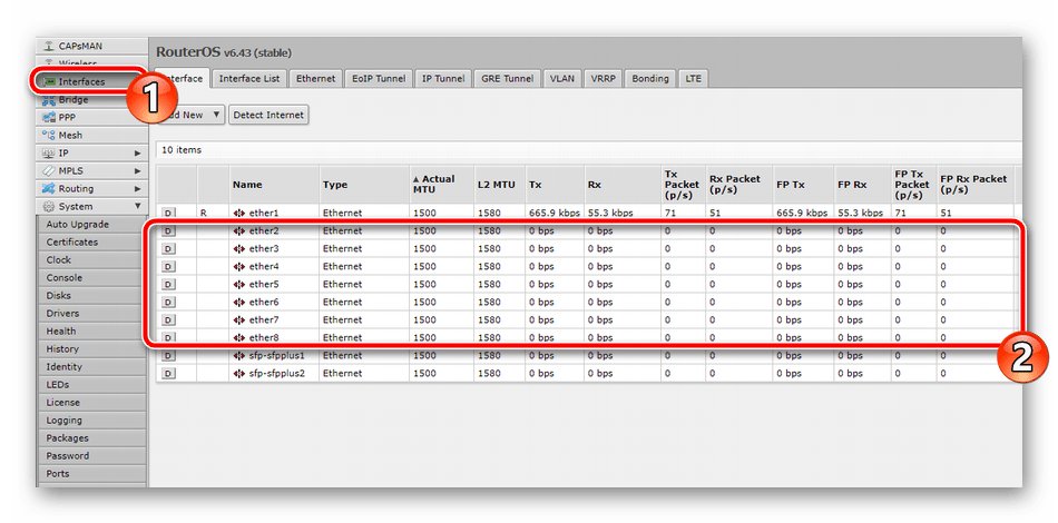 Редактирование интерфейса на роутере Mikrotik RB951G-2HnD