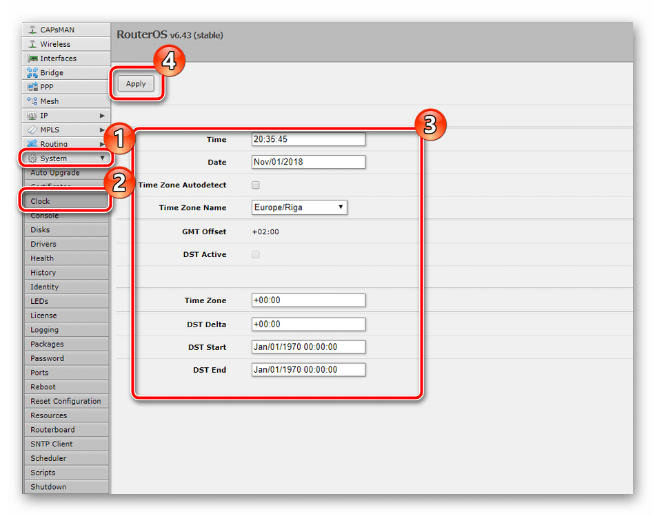 Изменить системное время на роутере Mikrotik RB951G-2HnD