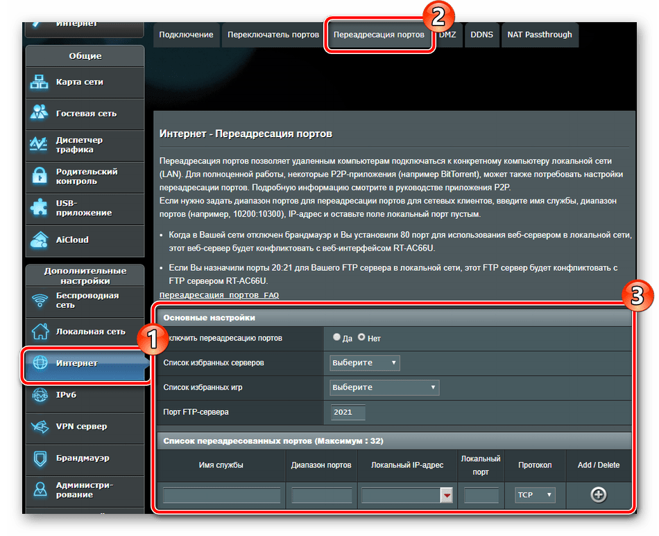 Переадресация портов на роутере ASUS RT-N66U