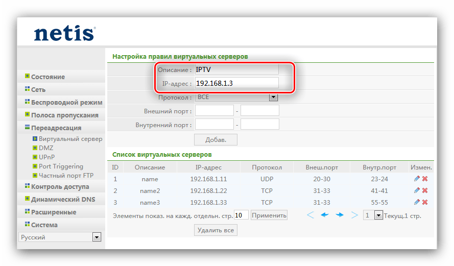 Задать имя и адрес для открытия портов на роутере Netis