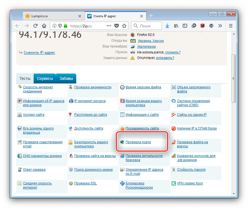 Перейти к сервису проверки порта сайта 2ipру