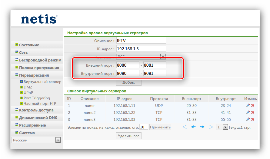 Ввод портов для открытия на роутере Netis