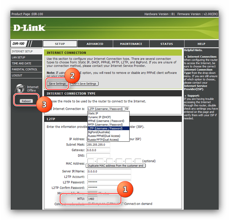 Ввести значение MTU и перезагрузить роутер L2TP-подключения для настройки роутера D-Link DIR-100