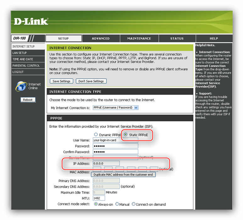 Установка статического PPPoE-подключения для настройки роутера D-Link DIR-100