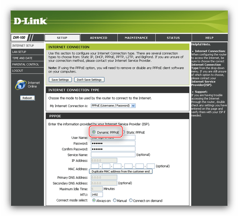 Установка динамического PPPoE-подключения для настройки роутера D-Link DIR-100