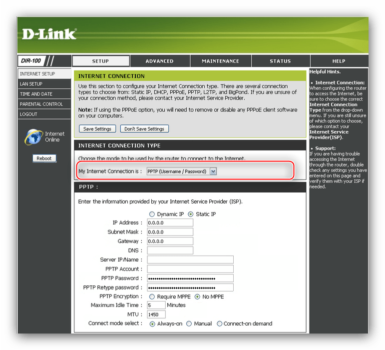 Выбрать режим PPTP для настройки D-Link DIR-100