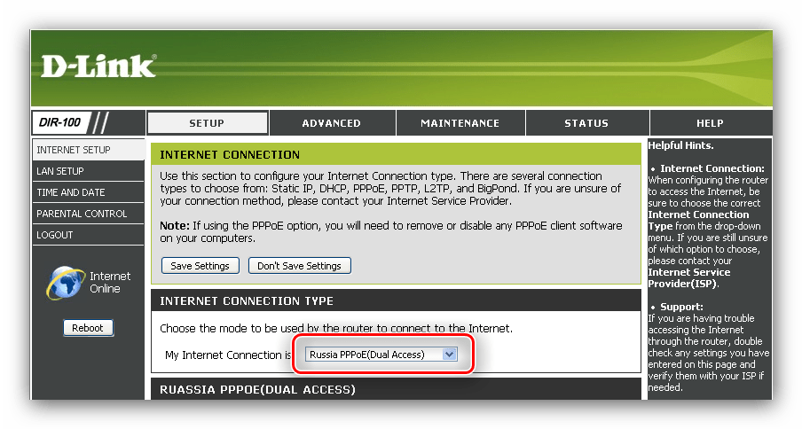 Выбор российского PPPoE-подключения для настройки роутера D-Link DIR-100