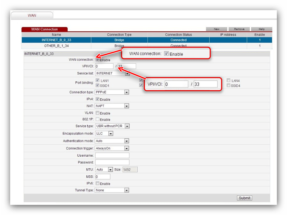 Включение интернета и ввод параметров VPI VCI во время настройки модема Huawei HG532e