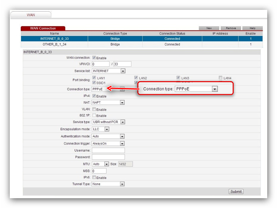 Выбор PPPoE-соединения во время настройки модема Huawei HG532e