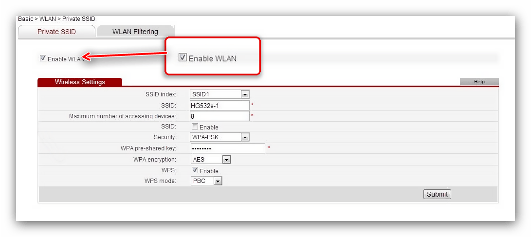 Активировать беспроводную сеть для настройки Wi-Fi в Huawei HG532e