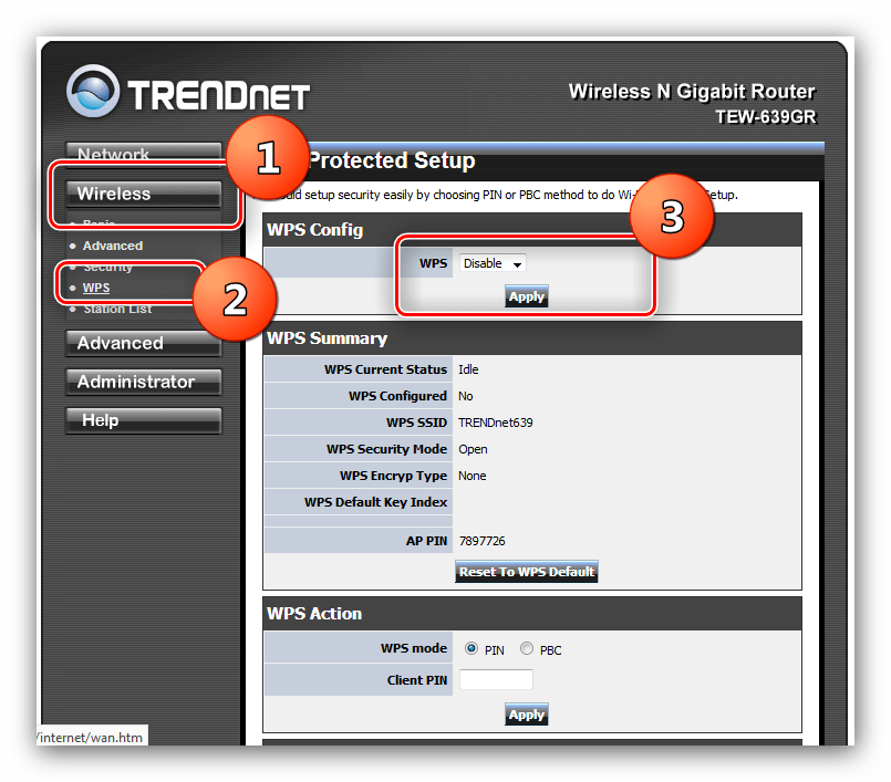 Отключение WPS на роутере TRENDnet