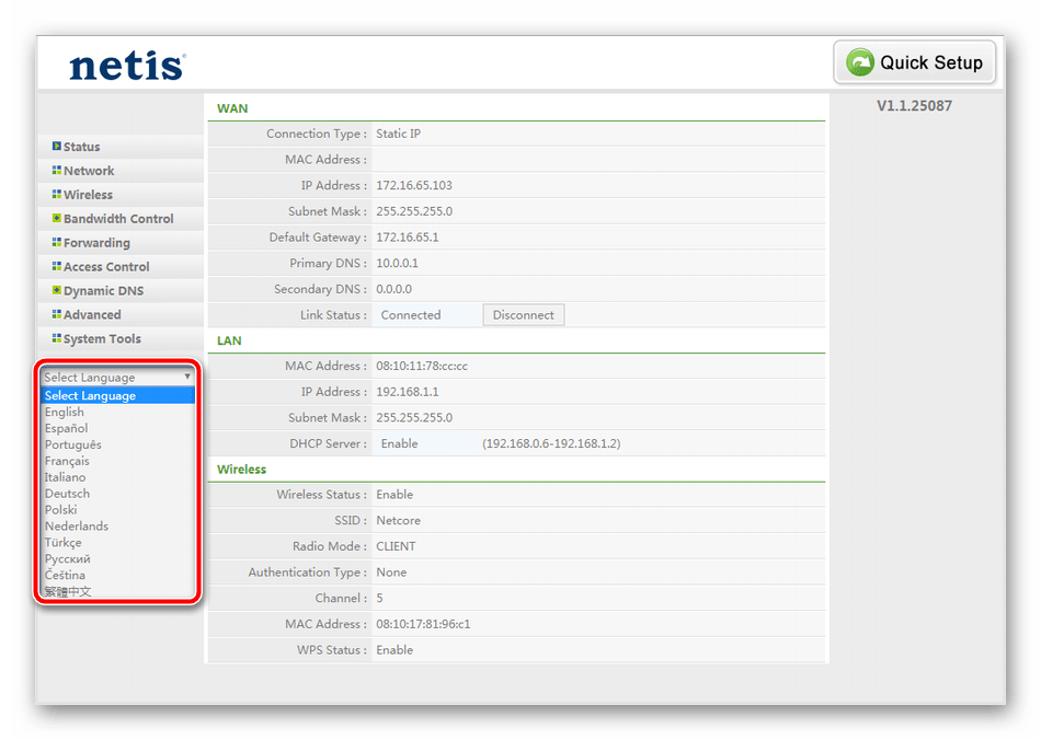 Выбор языка для панели управления Netis