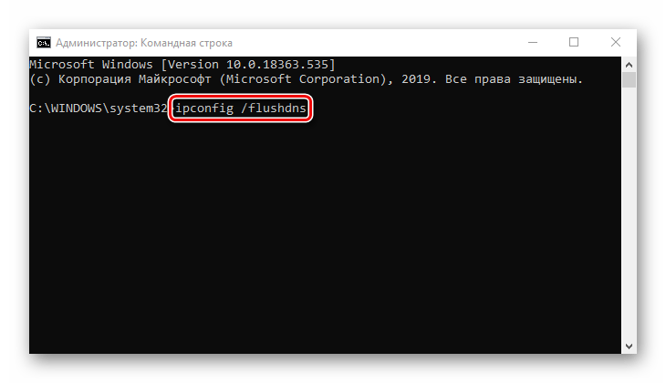 Ввод команды для очистки dns-кэша на Windows 10