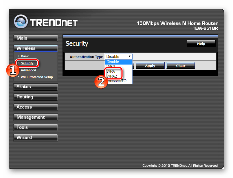 Выбрать тип защиты беспроводной сети TRENDnet