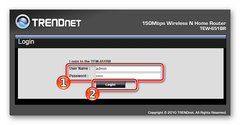 Переход к панели управления роутера TRENDnet