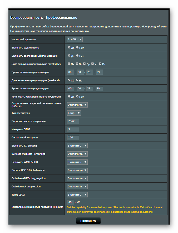 Дополнительные параметры беспроводной сети роутера Асус на вкладке Профессионально
