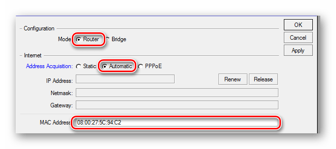 Выбор интернет-соединения DHCP в роутере Микротик
