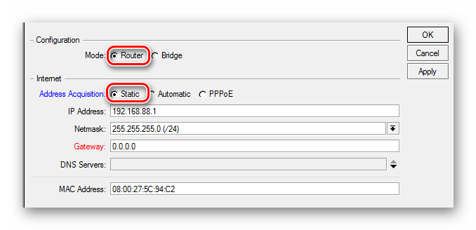 Установка параметров интернет-соединения со статическим адресом в роутере Микротик
