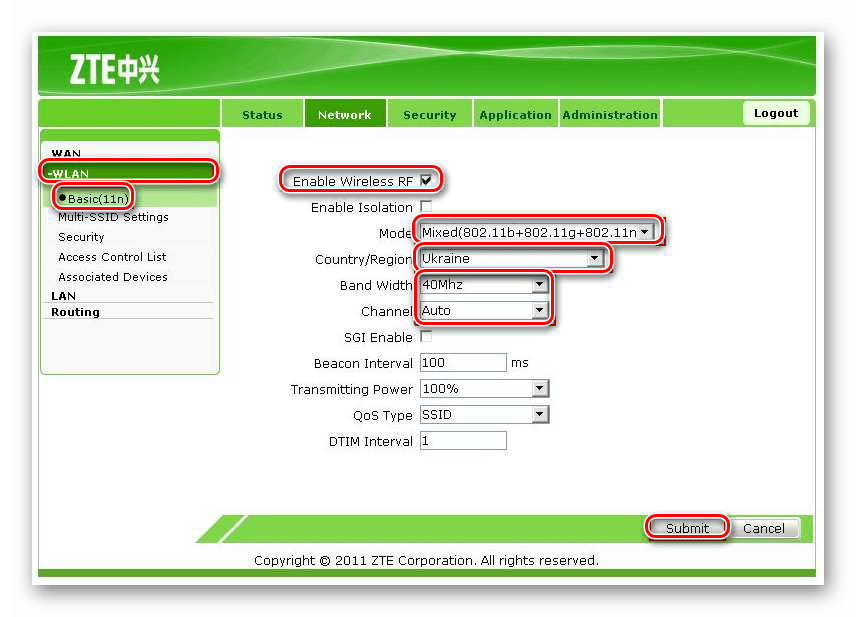 Установка базовых параметров беспроводной сети в ZTE ZXV10 H108L