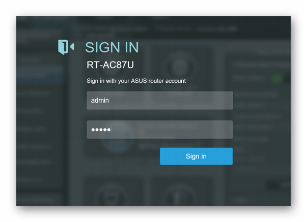 Авторизация в web-интерфейсе роутера ASUS