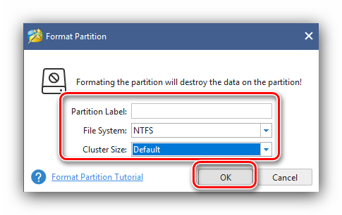 Настройка операции форматирования защищённой флешки в MiniTool Partition Wizard