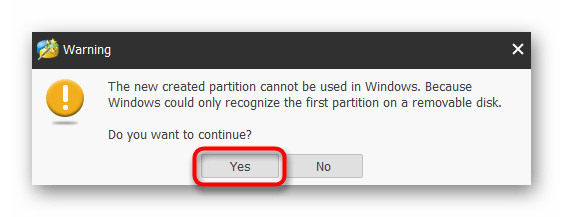 Уведомление при создании второго раздела на флешке в MiniTool Partition Wizard