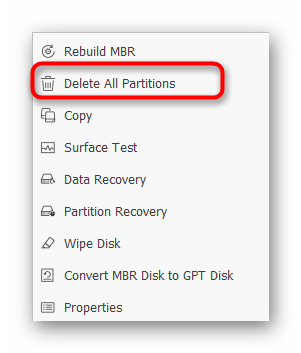 Кнопка удаления всех разделов на флешке в MiniTool Partition Wizard